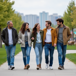 Groupe d'adultes souriants dans un parc urbain