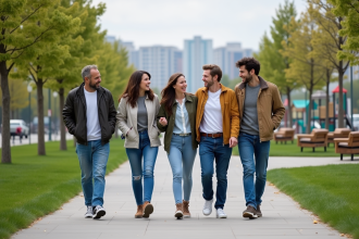 Groupe d'adultes souriants dans un parc urbain