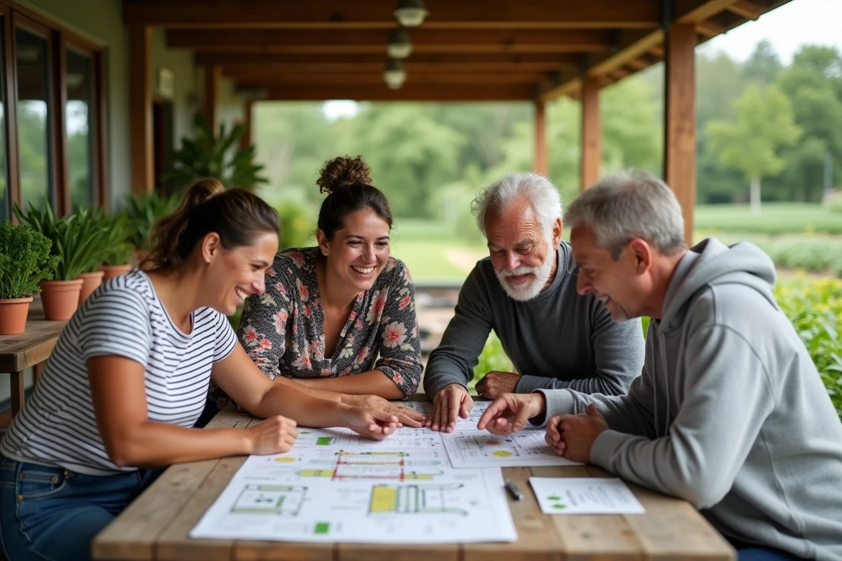Groupe de bénévoles qui planifient un jardin solidaire autour d'une table avec des cartes et des sachets de graines