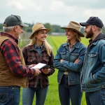 Groupe de fermiers souriants dans un champ vert