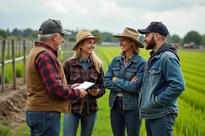 Groupe de fermiers souriants dans un champ vert