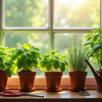 Fenêtre avec herbes aromatiques en pot dans la cuisine