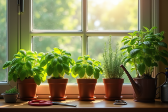 Fenêtre avec herbes aromatiques en pot dans la cuisine