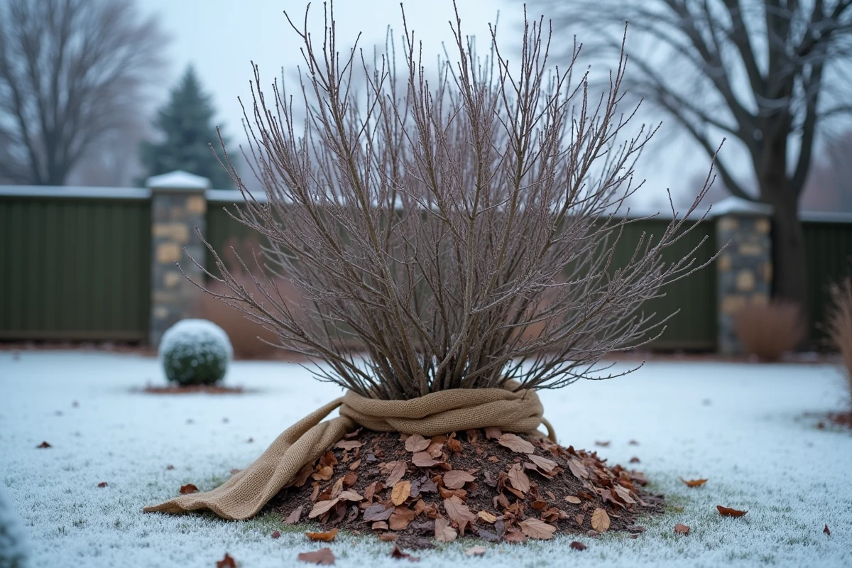 Hibiscus de jardin protégé du gel avec de la toile de jute en hiver