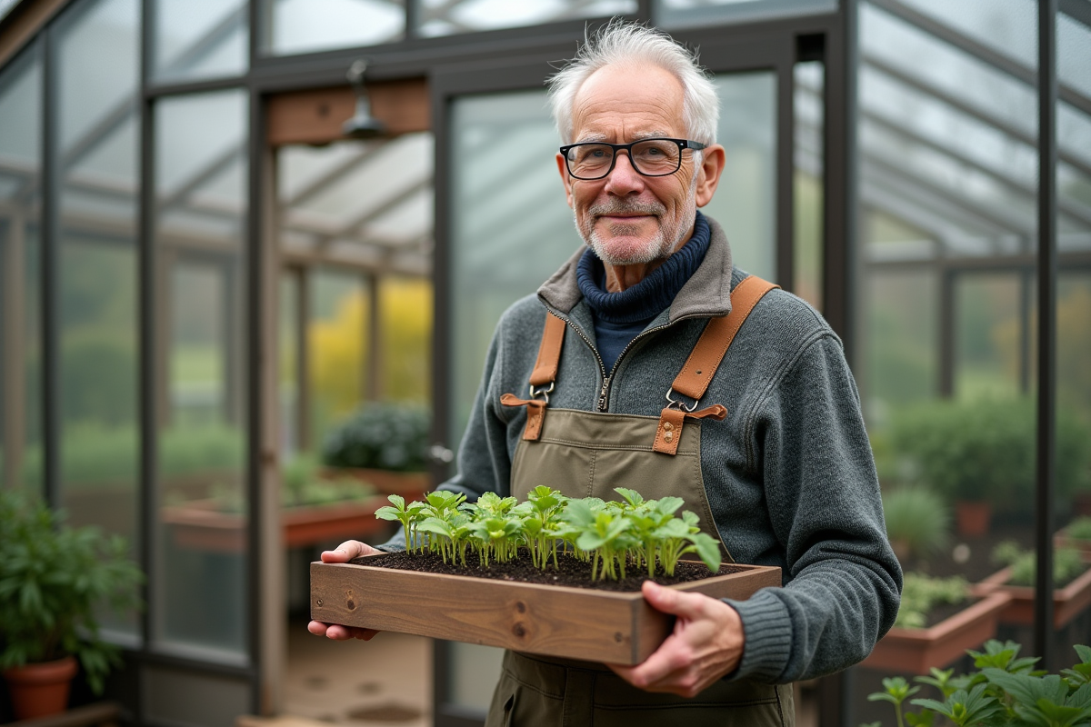 Homme âgé tenant un plateau de jeunes plants dans la serre