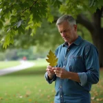 Homme regardant des galles de chêne sous un arbre dans un parc