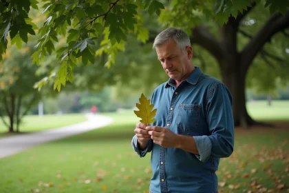 Homme regardant des galles de chêne sous un arbre dans un parc