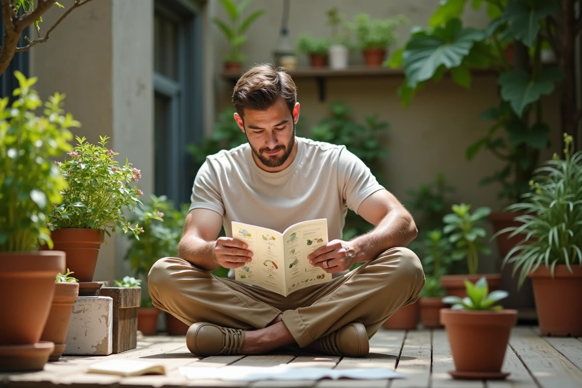 Jeune homme consulte un calendrier lunaire pour le jardinage