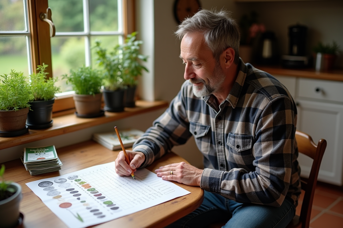 Homme notant des dates de plantation sur un calendrier lunaire