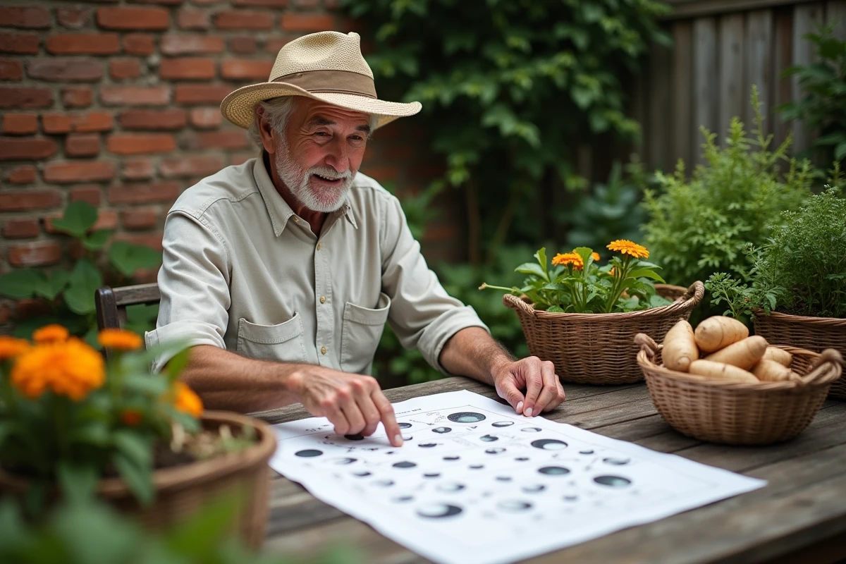 Homme âgé pointant le calendrier lunaire sur la table