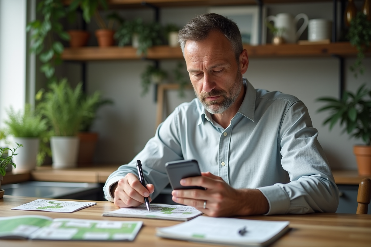 Homme planifiant un jardin avec smartphone dans la cuisine