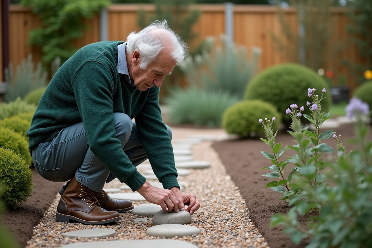 Homme âgé ajustant des pierres dans un jardin paisible