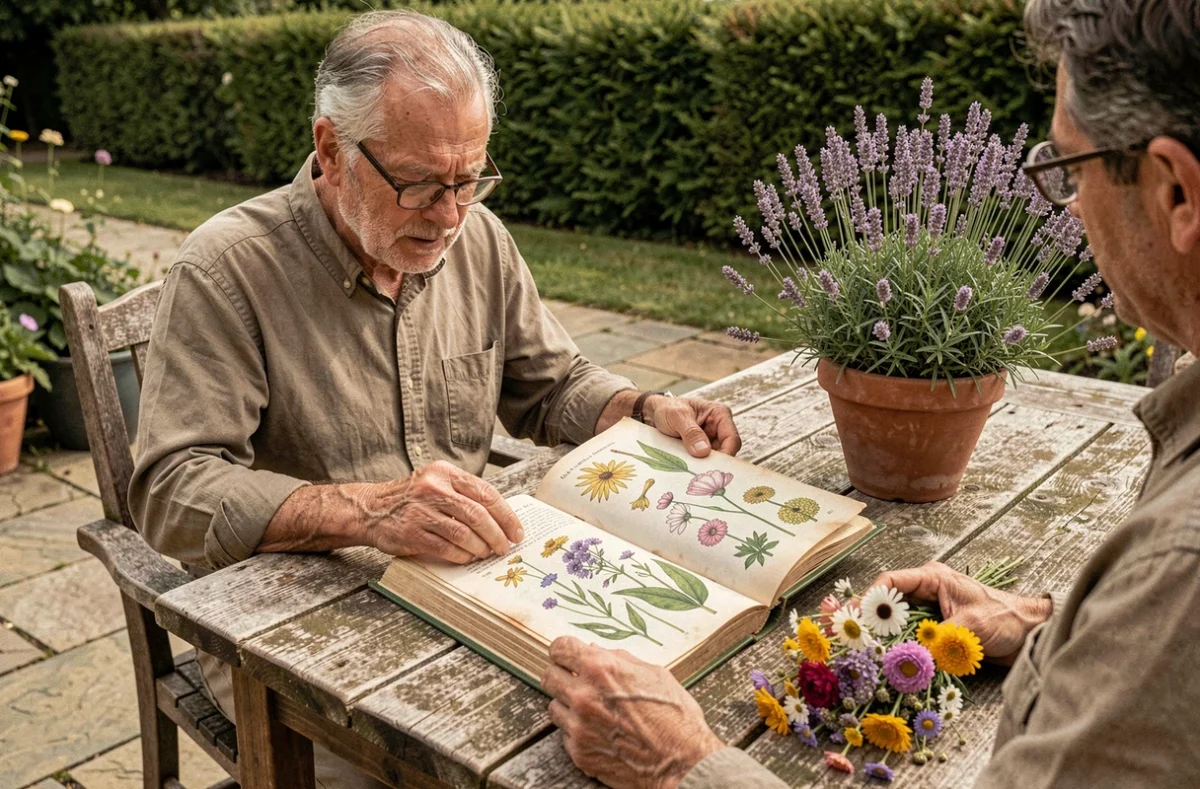 Homme consultant un guide botanique illustré pour identifier des fleurs des champs, apprentissage des noms et caractéristiques florales