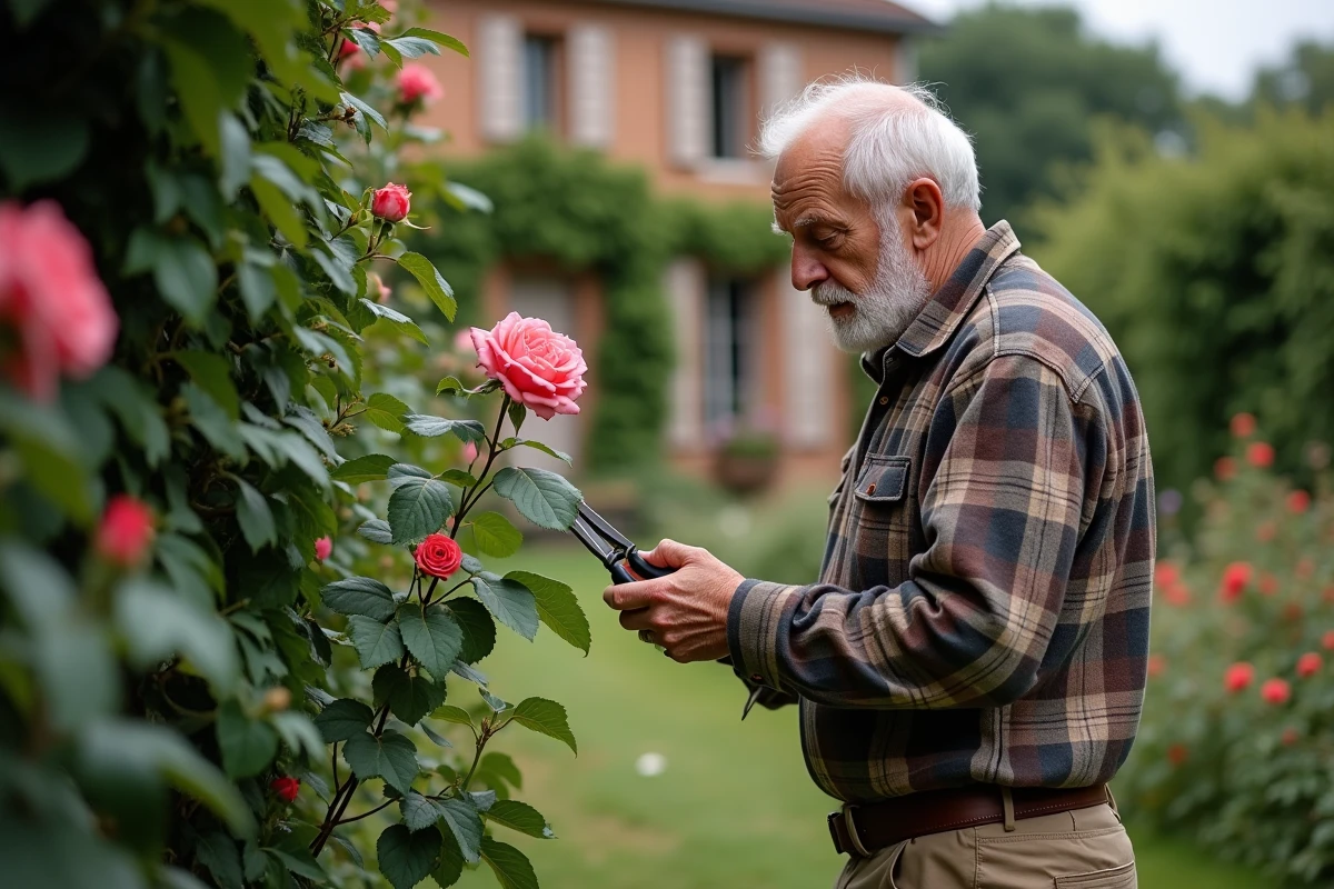 Homme âgé inspectant un rosier contre une maison en briques