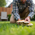 Homme inspectant des champignons dans un jardin résidentiel