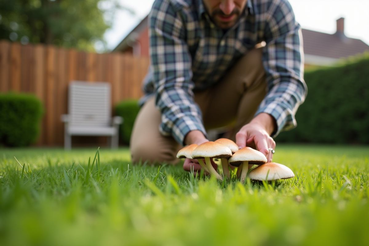 Homme inspectant des champignons dans un jardin résidentiel