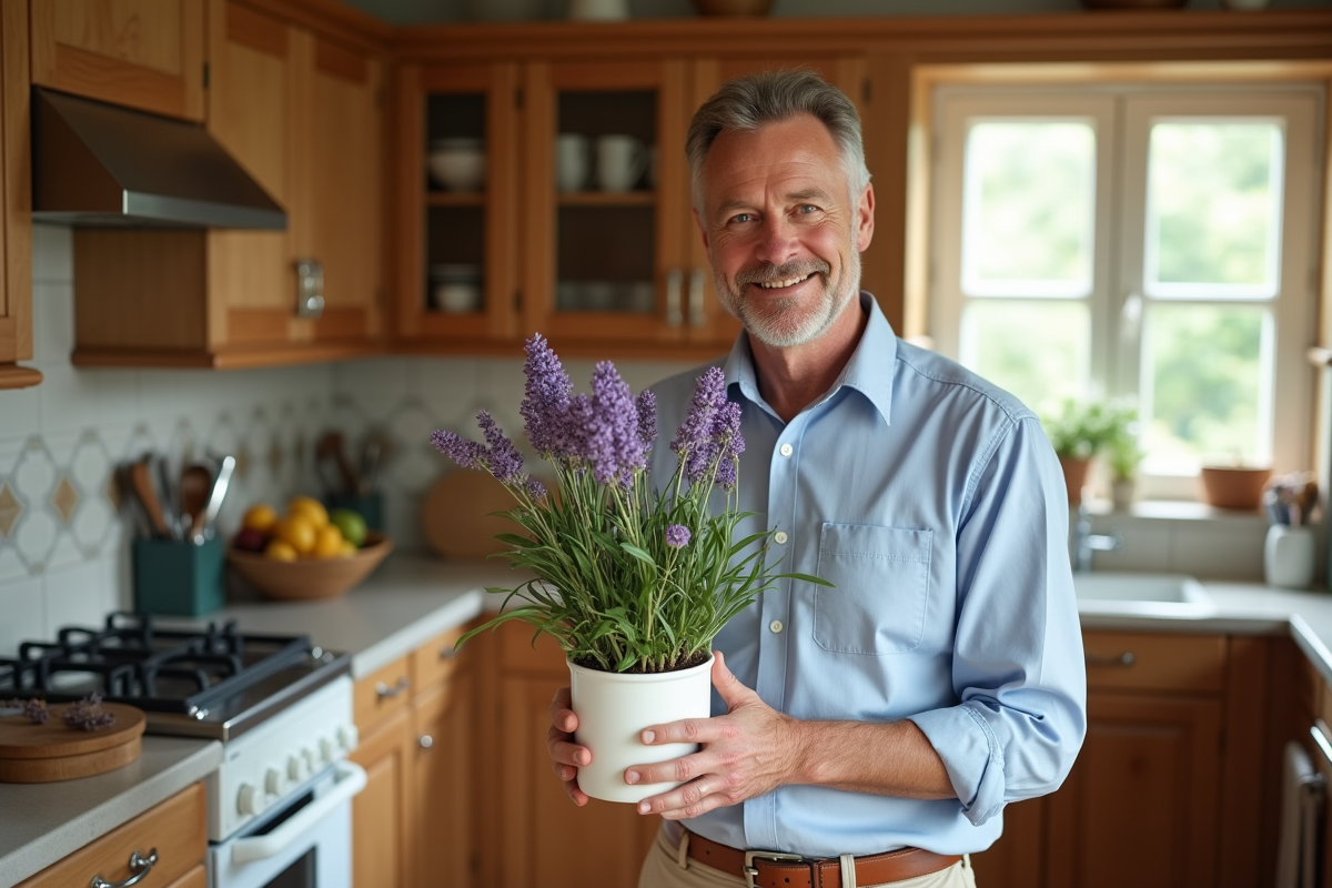 Homme tenant un pot de lavande dans une cuisine chaleureuse