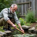 Homme d'âge moyen dans le jardin remue l'eau du bassin