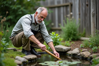 Homme d'âge moyen dans le jardin remue l'eau du bassin