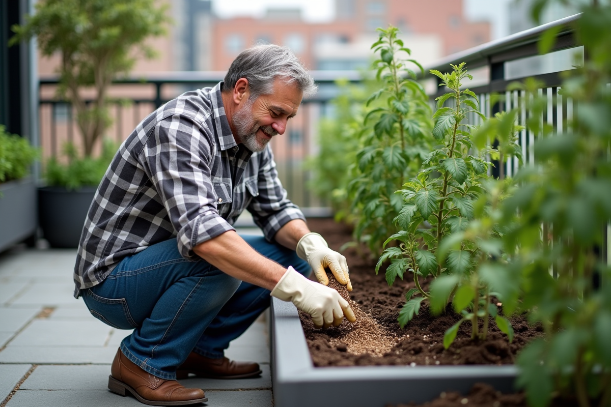 Homme appliquant un fongicide sur des tomates en terrasse