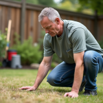 Homme d'âge moyen examine un gazon sec dans son jardin