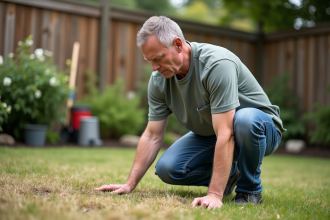 Homme d'âge moyen examine un gazon sec dans son jardin