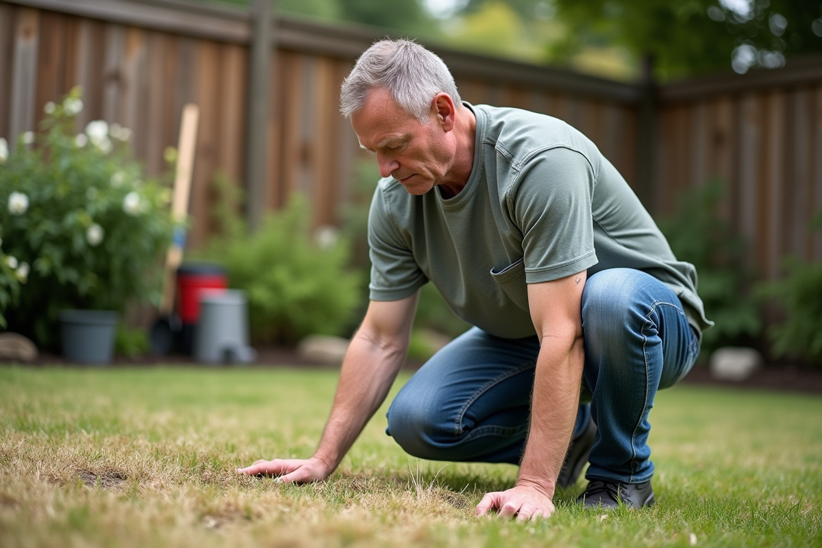 Homme d'âge moyen examine un gazon sec dans son jardin