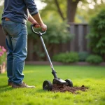 Homme d'âge moyen en tenue de jardinage utilisant un scarificateur sur la pelouse