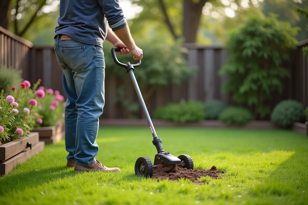 Homme d'âge moyen en tenue de jardinage utilisant un scarificateur sur la pelouse