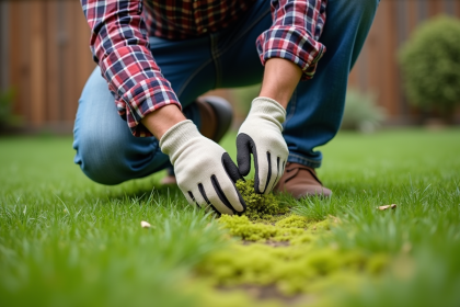 Homme d'âge moyen en jardinage avec gants et jeans