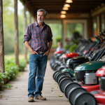Homme examine différentes tondeuses dans un magasin de jardinage