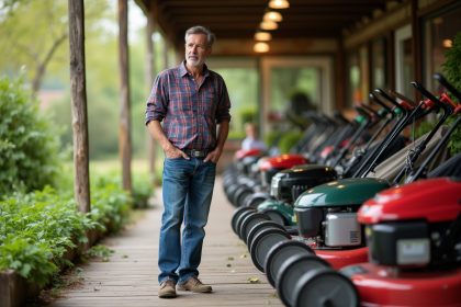 Homme examine différentes tondeuses dans un magasin de jardinage