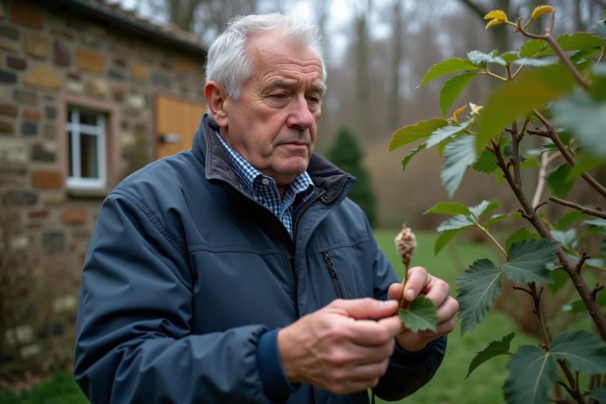 Homme âgé inspecte branches de jasmin avec dégâts de gel