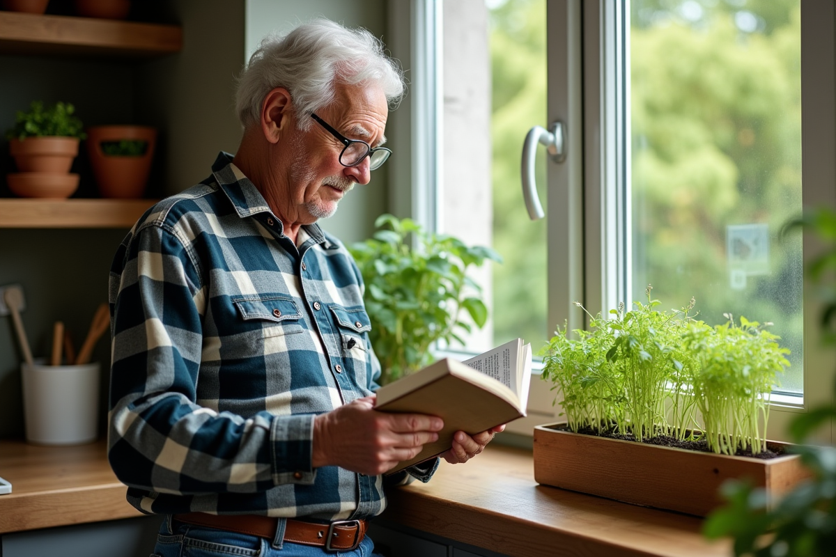 Homme âgé lisant un livre sur les herbes dans la cuisine