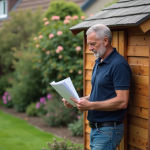 Homme d'âge moyen lisant un document dans le jardin