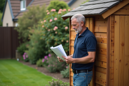 Homme d'âge moyen lisant un document dans le jardin