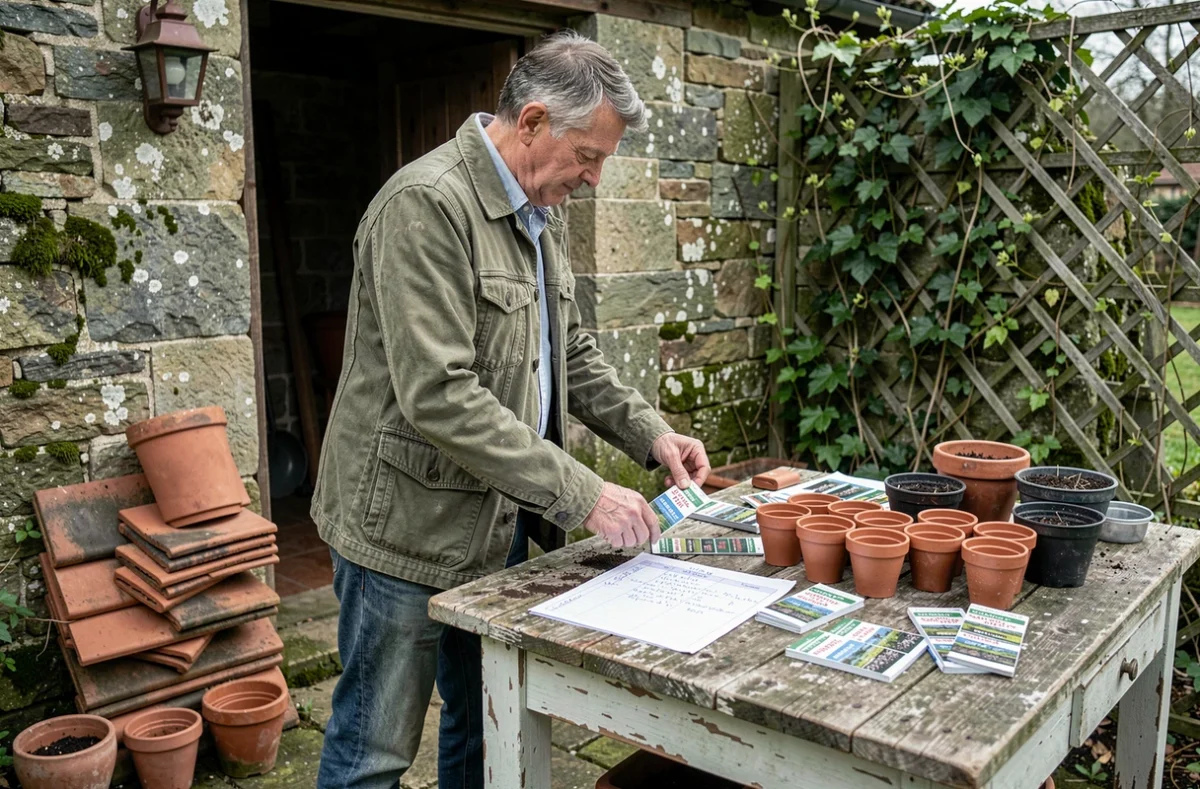 Homme organisant des sachets de graines et des pots en terre cuite sur un établi de jardinage en bois devant un abri de jardin couvert de mousse