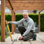 Homme souriant mesurant une pergola en bois dans un jardin