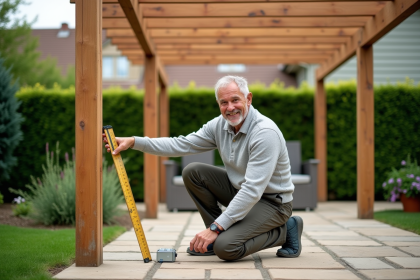 Homme souriant mesurant une pergola en bois dans un jardin