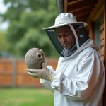 Un homme en combinaison de protection apicole inspectant un nid de frelons asiatiques sous le toit d'une maison