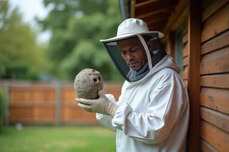 Un homme en combinaison de protection apicole inspectant un nid de frelons asiatiques sous le toit d'une maison