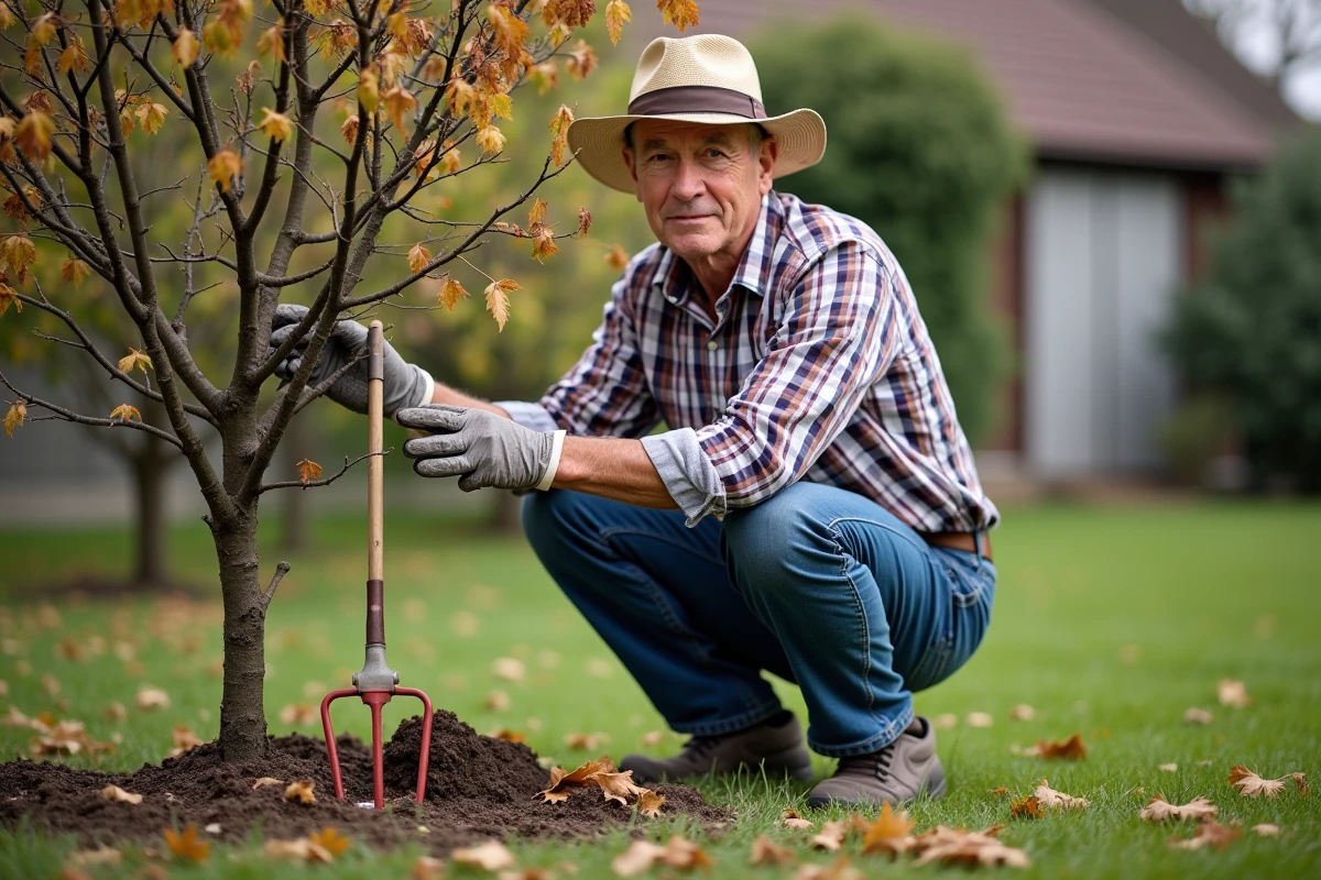 Homme âgé taillant un lilas dans le jardin