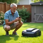 Homme d'âge moyen vérifiant la consommation d'une tondeuse robot dans son jardin