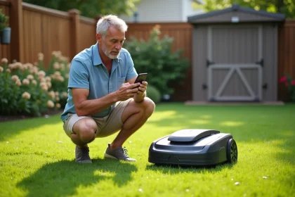 Homme d'âge moyen vérifiant la consommation d'une tondeuse robot dans son jardin