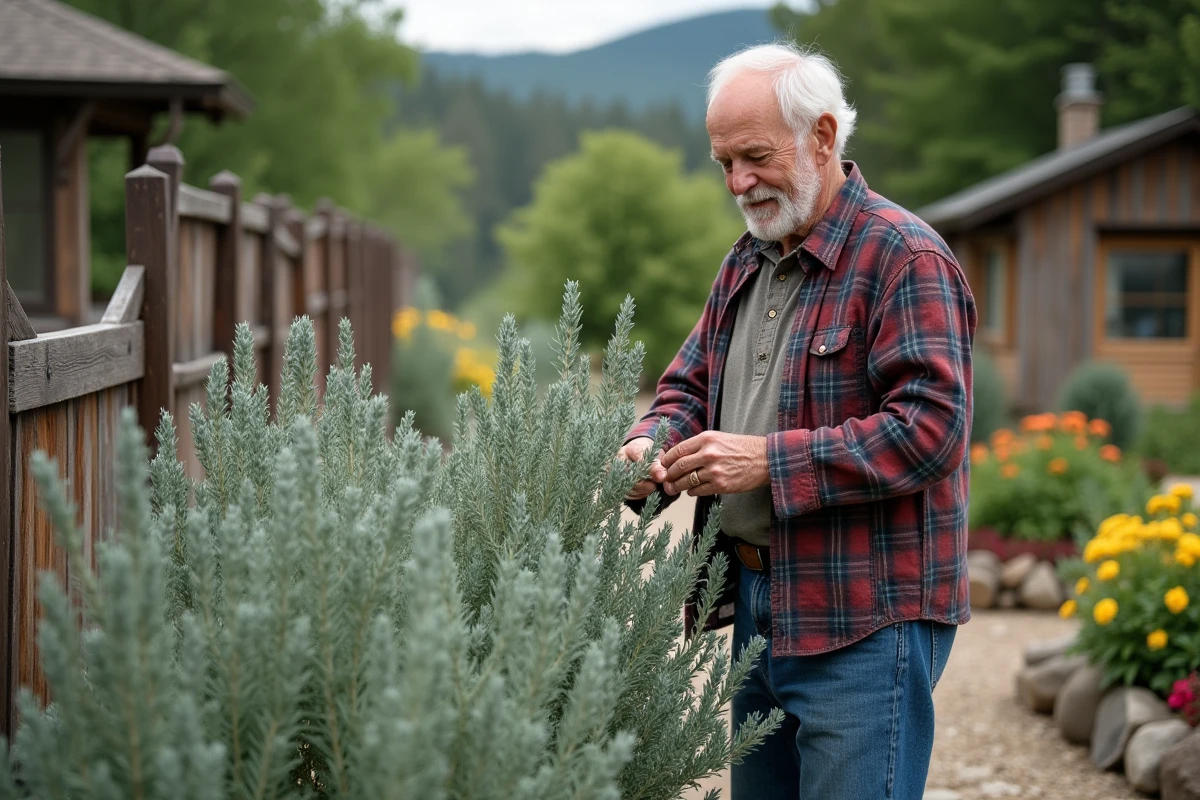 Homme âgé inspecte sauge dans jardin rural