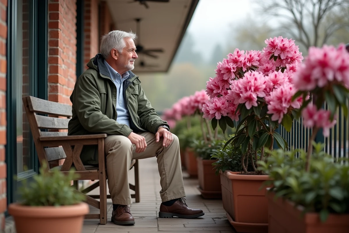 Homme assis admirant un rhododendron en pot sur balcon