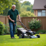 Homme souriant tondant la pelouse dans un jardin bien entretenu