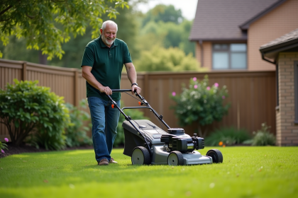Homme souriant tondant la pelouse dans un jardin bien entretenu