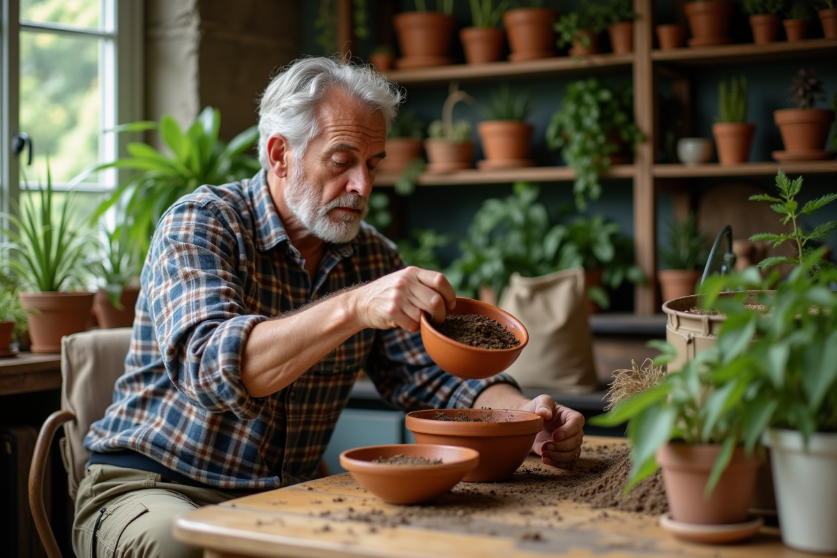 Homme sifting terreau et terre native dans une maison