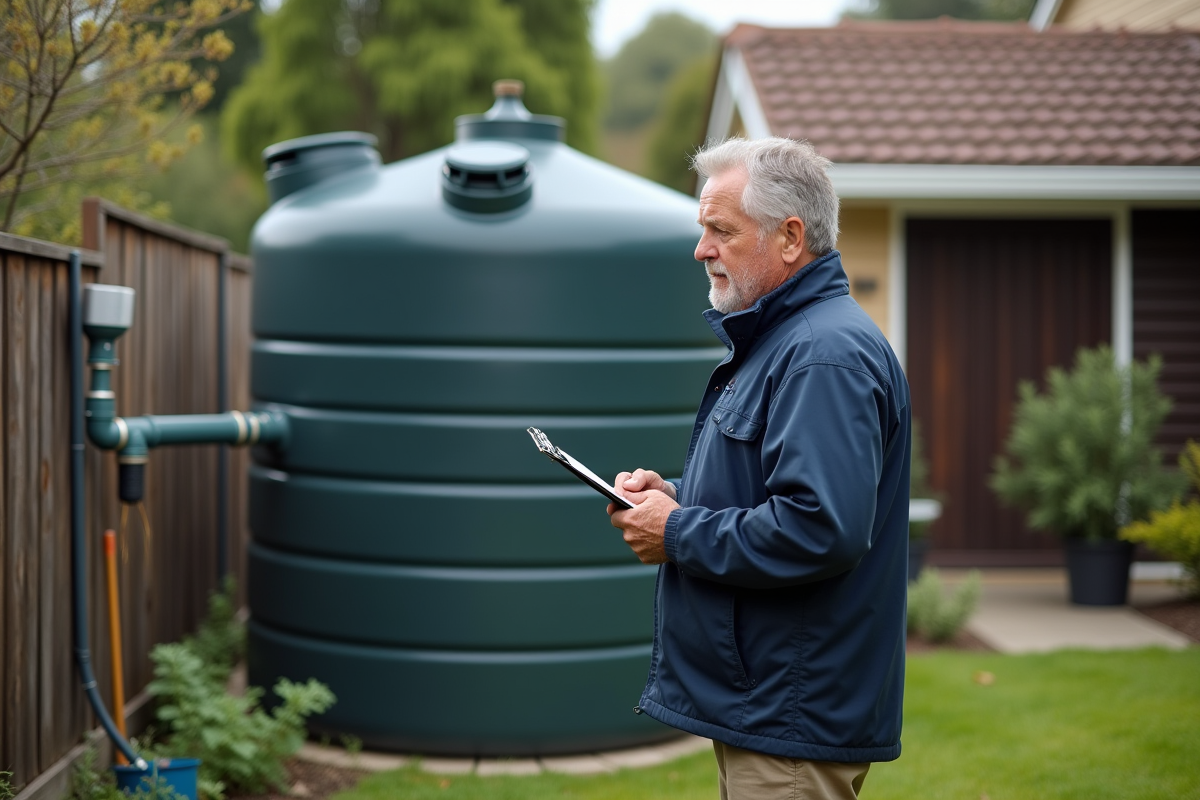 Homme inspectant un réservoir d’eau de pluie dans le jardin
